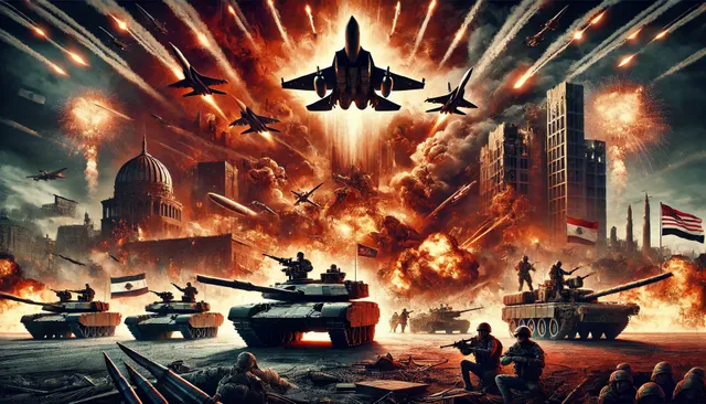 DALL·E 2024-08-05 20.19.58 - A dramatic poster depicting an all-out war in the Middle East. The scene shows intense combat with explosions, fighter jets, and missiles in the sky. .webp