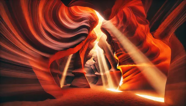 DALL·E 2024-12-18 15.15.30 - A stunning view of Antelope Canyon, with sunlight streaming through narrow openings, casting golden beams onto the smooth, flowing red and orange sand.webp