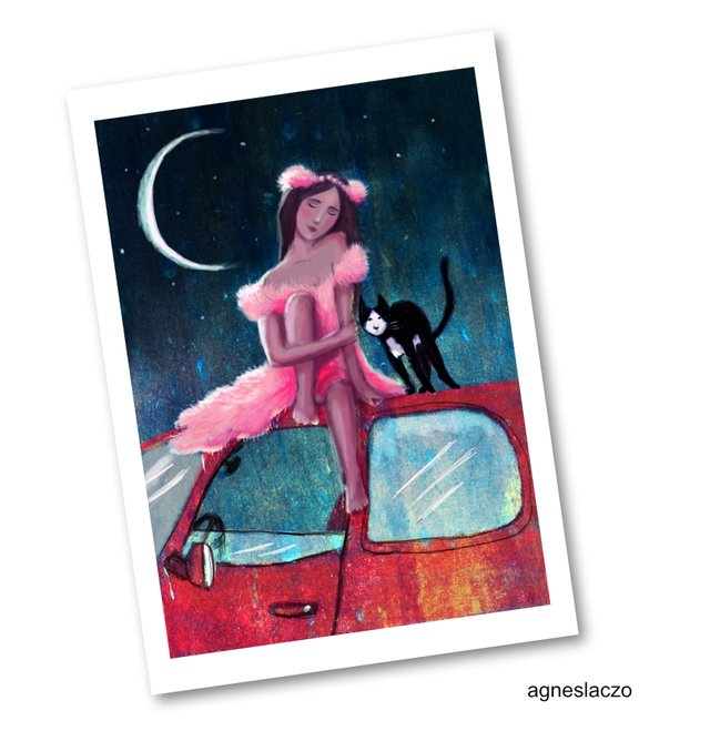 agnes laczo art cat pink dress moon night rajz grafika mese cica macska auto.jpg