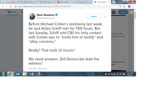 Qanon Mark Meadows on Twitter re Cohen and Shifty Shiff met for 10 hrs 3 8 2019.png