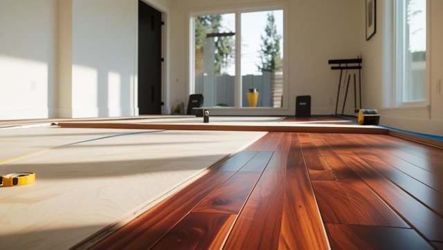A clean, well-lit room in an East Bay home with new hardwood flooring being installed. Show the floor partially completed with visible planks, tools neatly placed nearby (like a tape measure or knee pads). No peopl.jpg