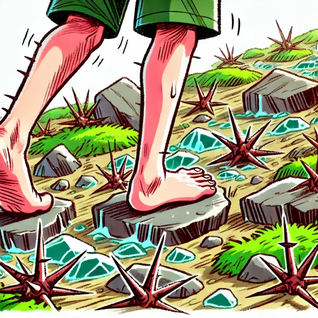 A cartoon-style illustration of a person's feet walking carefully among sharp stones and thorns. The ground is uneven with slippery, moss-covered rock.webp