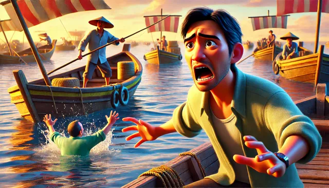 DALL·E 2024-09-19 07.20.43 - A 3D Pixar-style image of Liu Zheng, looking panicked and shouting urgently towards nearby fishing boats. His face shows deep concern and desperation.webp