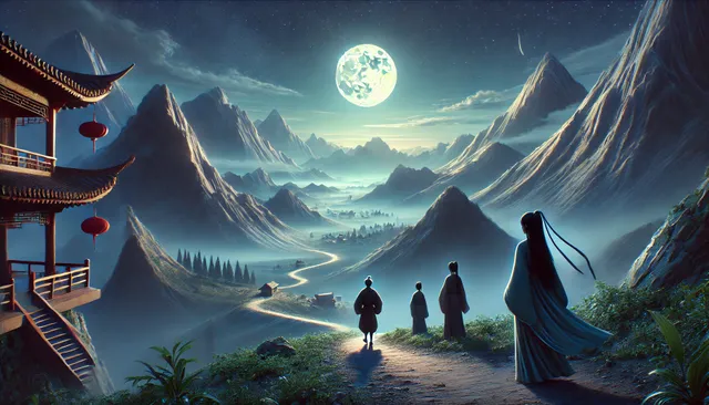 DALL·E 2024-09-09 07.08.15 - A highly detailed 3D image in Pixar animation style, set in ancient China. The final scene shows a peaceful and quiet night over the mountain range, w.webp