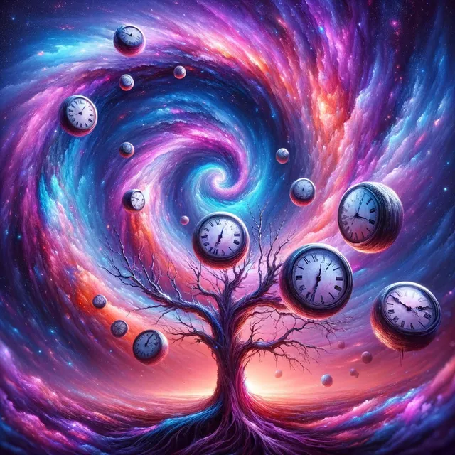DALL·E 2024-04-28 15.47.05 - A surreal landscape where clocks melt over tree branches under a swirling galaxy sky, vibrant colors of purple, blue, and pink dominate the scene, evo.webp