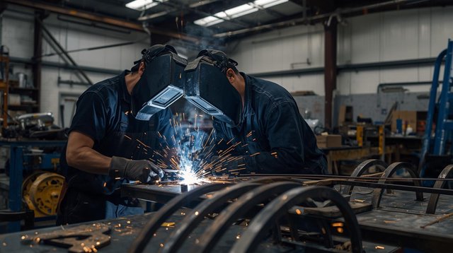_Photorealistic image of skilled metalworkers in a professional workshop in Atlanta, welding and shaping custom steel arches and railings, sparks flying, detailed craftsmanship, modern fabrication shop setting, rea.jpg