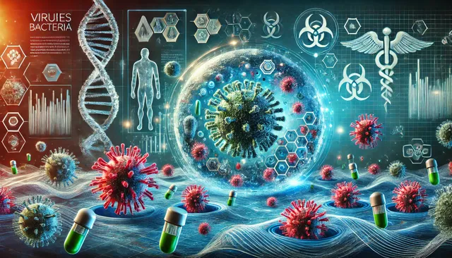 DALL·E 2025-02-26 02.49.01 - A visually striking landscape image illustrating the concept of viruses and bacteria. The image features a microscopic view blended with a futuristic .webp