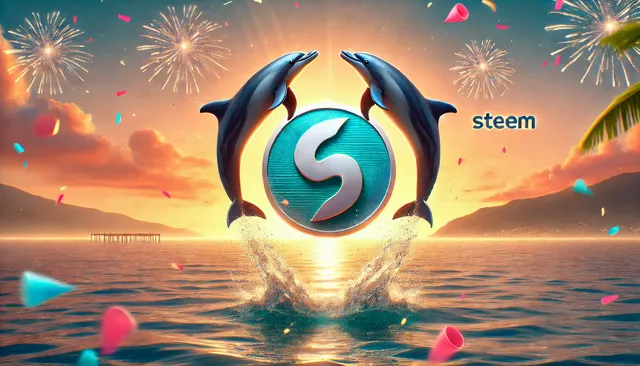 DALL·E 2024-07-06 07.09.03 - A celebration image for achieving the Double Dolphin badge on the Steem blockchain. The image features two dolphins leaping out of the water in a sync.webp