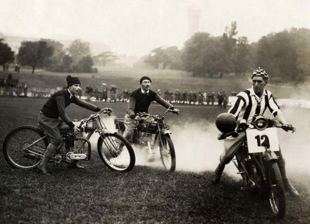 Soccer on motorbikes on the footbal pitch of Crystal Palace in London, England 1923.jpg