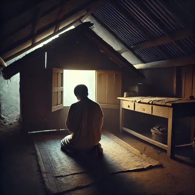 A person in a humble hut, kneeling in a position of deep prayer or prostration in the early dawn. The small, rustic shelter is dimly lit by the faint .webp