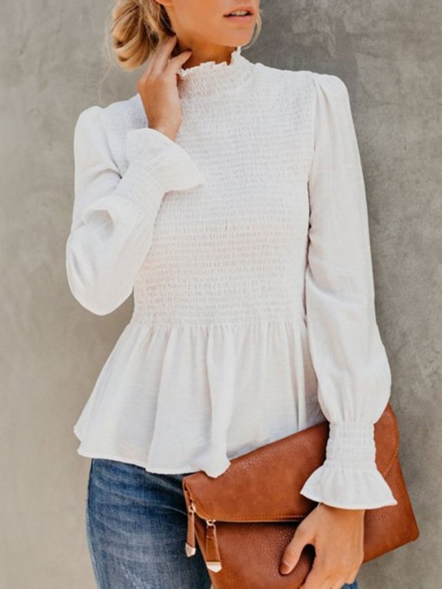 Snug Fit White Shirt Bubble Hem Long Sleeve Pleated Evening Romance.jpg