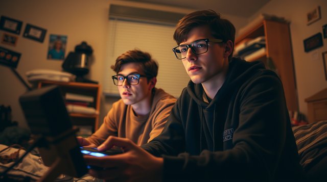 Two twenty-five-year-old bespectacled nerds immersed in a video game in a college dorm room. Unusual fine art photography. Warm, soft, dark tones, soft cinematic haze, soft contrast, soft.jpg