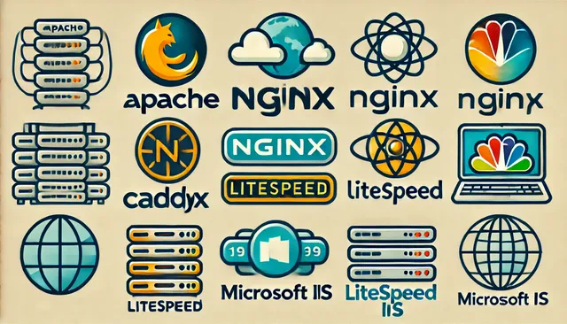 DALL·E 2024-06-27 05.36.14 - An image that features the logos of various web servers including Apache, Nginx, Caddy, LiteSpeed, and Microsoft IIS. The logos should be arranged in .webp