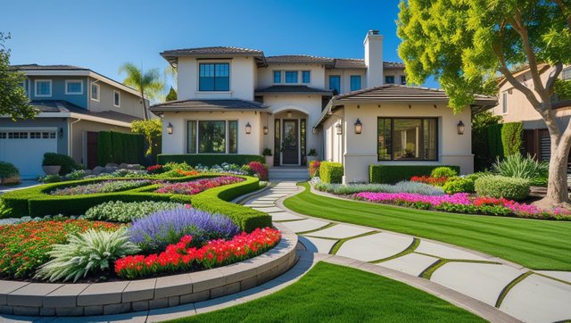 Beautiful suburban home in Marin County, California with professionally landscaped front yard — vibrant flower beds, neatly trimmed hedges, stone pathway, green lawn, and native California plants. Sunny weather (1).jpg