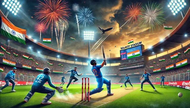 DALL·E 2025-01-29 02.28.11 - A spectacular and action-packed digital painting of the third T20 match between India and England at Rajkot Stadium. The scene captures an intense cri.webp