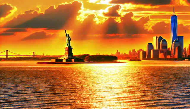 DALL·E 2024-12-03 09.17.19 - A majestic view of the Statue of Liberty at sunset, with warm golden light illuminating the statue and soft reflections shimmering on the water of New.webp