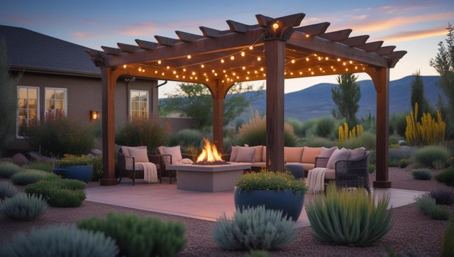_A beautifully remodeled outdoor living space in Lafayette, Colorado, featuring a pergola, cozy seating with blankets, a fire pit, and drought-tolerant landscaping. Include subtle mountain or foothill scenery in th.jpg