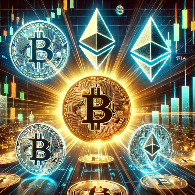 DALL·E 2024-10-17 22.44.53 - A visually striking image for a cryptocurrency blog post. The central theme features Bitcoin, Ethereum, and Solana symbols floating in a futuristic, d.png