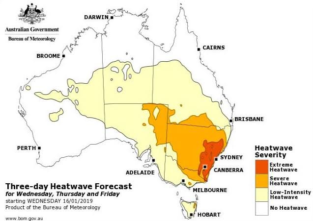 Bureau of Meteorology heatwave service valid for Wednesday 16, Thursday 17 and Friday 18 January 2019