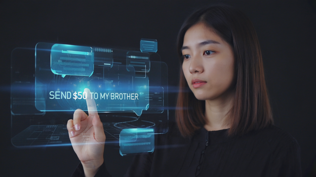 A futuristic digital assistant UI showing a person saying _Send $50 to my brother_ and the system automating the transaction. Visuals of blockchain nodes processing in the background. Face ID unlock, AI voice bubble, minimalist Apple-style .png