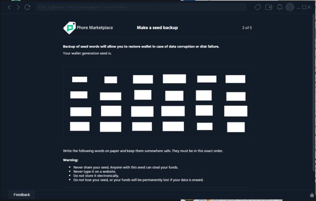 Шаг 3. Как принято в кошельках на блокчейне запишите начальное значение seed-фразы [секретной фразы] для восстановления доступа к своему аккаунту Phore Marketplace