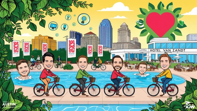 A vibrant, cartoonish Austin skyline with smiling entrepreneurs biking past SXSW banners toward Barton Springs Pool. The scene bursts with green leaves, tech gadgets floating in bubbles, and a rooftop pool party at.jpg