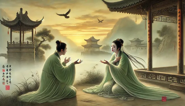 DALL·E 2024-09-26 04.29.03 - A traditional Chinese painting in Qing green landscape and gongbi style, depicting a woman explaining her tragic situation to the servant. Her hands a.webp