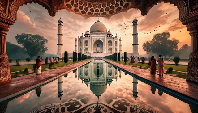 DALL·E 2025-01-17 09.22.58 - A mesmerizing view of the Taj Mahal in India, captured at sunrise, with its iconic ivory-white marble reflecting soft golden and pink hues. The perfec.webp