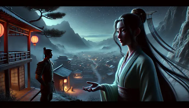 DALL·E 2024-09-09 07.08.53 - A highly detailed 3D image in Pixar animation style, set in ancient China. The scene takes place in a quiet night, the wind has stopped, and the villa.webp