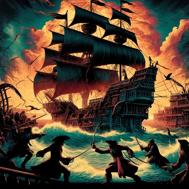 DALL·E 2024-06-09 23.36.26 - A vibrant and detailed illustration depicting a scene from 'Pirates of the Caribbean_ The Curse of the Black Pearl' featuring a dramatic battle on the.webp