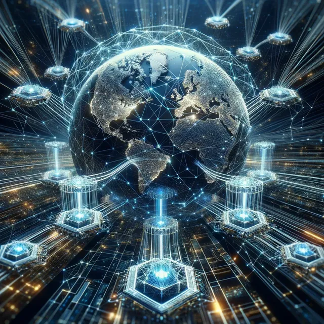 DALL·E 2024-03-24 19.56.58 - A conceptual image symbolizing the high throughput and scalability of the Aptos blockchain. The scene features an intricate network of nodes and conne.webp