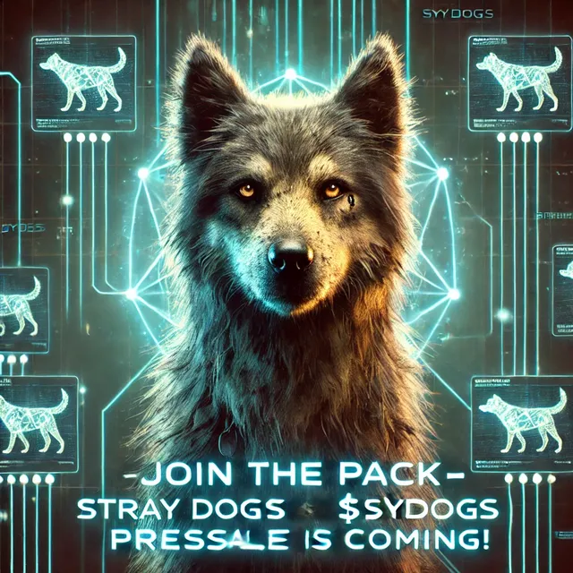 DALL·E 2025-03-16 12.13.48 - A futuristic and visually striking promotional image for Stray Dogs _ $SYDOGS. The central figure is SYDOGS, a resilient and strong stray dog with med.webp