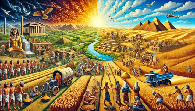 DALL·E 2024-09-03 21.26.56 - A detailed and vivid image depicting the history and significance of wheat in human civilization. The scene shows a timeline-like progression from anc.webp