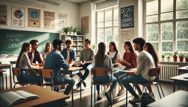 DALL·E 2024-10-17 11.24.32 - A group of students engaged in a friendly and calm debate inside a classroom. The students are sitting in a circle or around desks, some are gesturing.webp