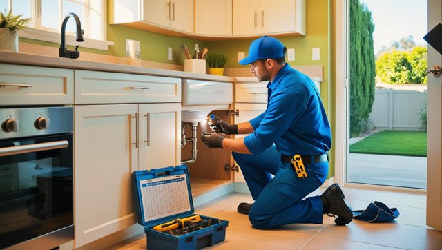 _a professional plumber wearing a clean uniform (blue or gray), crouched under a kitchen sink performing a routine plumbing inspection. The plumber should be using a flashlight or wrench, with a toolbox open nearby.jpg