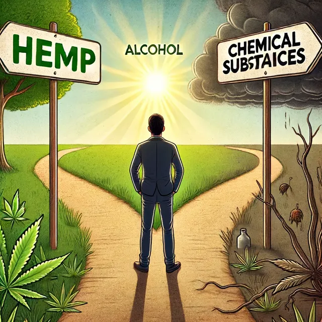 DALL·E 2024-06-18 05.07.03 - An illustration of a person choosing between three paths labeled 'Hemp', 'Alcohol', and 'Chemical Substances'. The path for 'Hemp' should have green, .webp