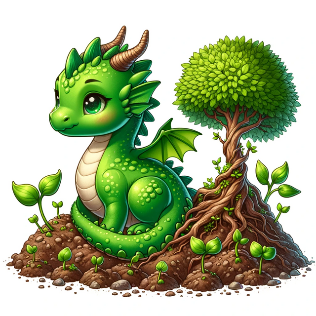 DALL·E 2023-12-25 19.51.38 - Create an image of a small, cute green dragon that represents both the earth and tree elements. The dragon has vibrant green scales and small rounded .png