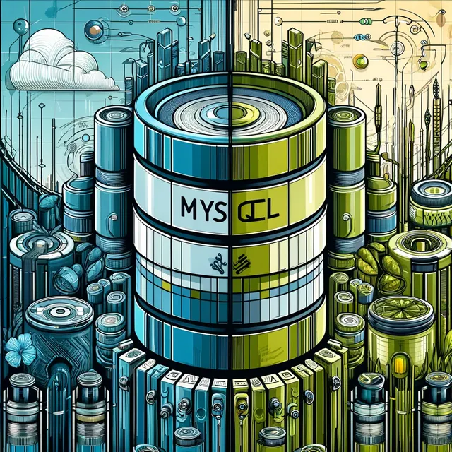 DALL·E 2024-05-29 06.34.39 - A detailed and artistic representation of a database technology theme, featuring two opposing sides. One side depicts MySQL with a modern, corporate, .webp