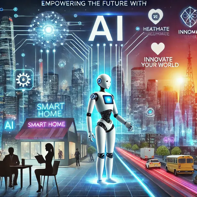 DALL·E 2024-10-02 20.52.24 - A promotional poster for artificial intelligence technology, featuring a futuristic city skyline in the background. In the foreground, an AI robot int.webp