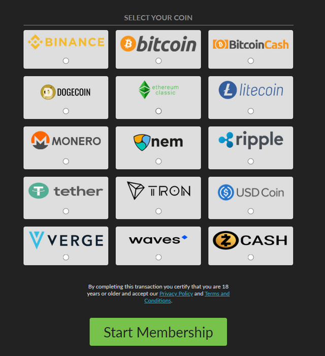 Coins that are currently accepted on PornHub