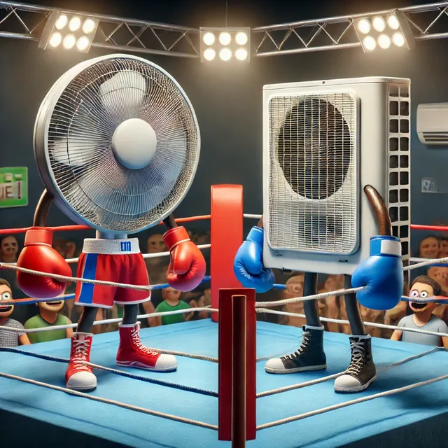 A humorous boxing match inside a boxing ring, featuring a standing fan (electric fan) and an air conditioner as the two competing fighters. The fan, w.webp