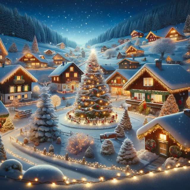 DALL·E 2023-12-23 16.41.32 - A picturesque snowy landscape with a small village decorated for Christmas, featuring twinkling lights, a decorated tree in the village center, and ho.png