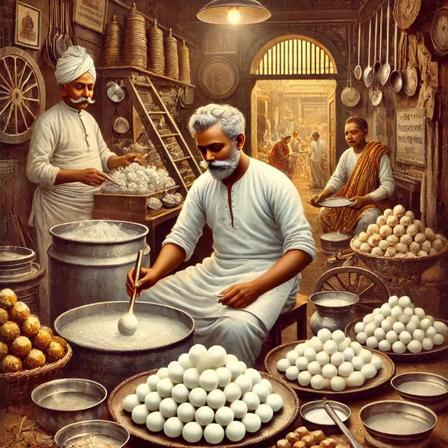 DALL·E 2024-10-16 13.35.11 - A historic scene from 1868 showing Nabin Chandra Das in his sweet shop in Bagbazar, Kolkata, meticulously preparing the first Rasgulla. He is surround.webp