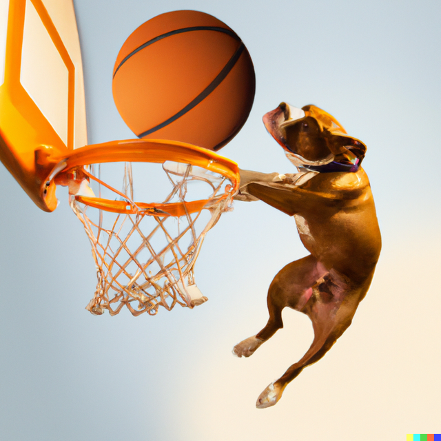 DALL·E 2022-07-15 23.34.15 - A real photo of a dog dunking a ball in the basketball ring.png