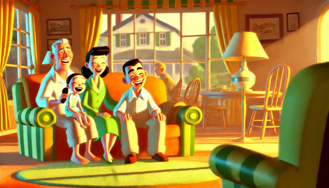 DALL·E 2024-09-20 07.08.59 - A classic Pixar animation style scene with bright colors, soft edges, and highly detailed textures. The scene shows a family gathered together in a co.webp