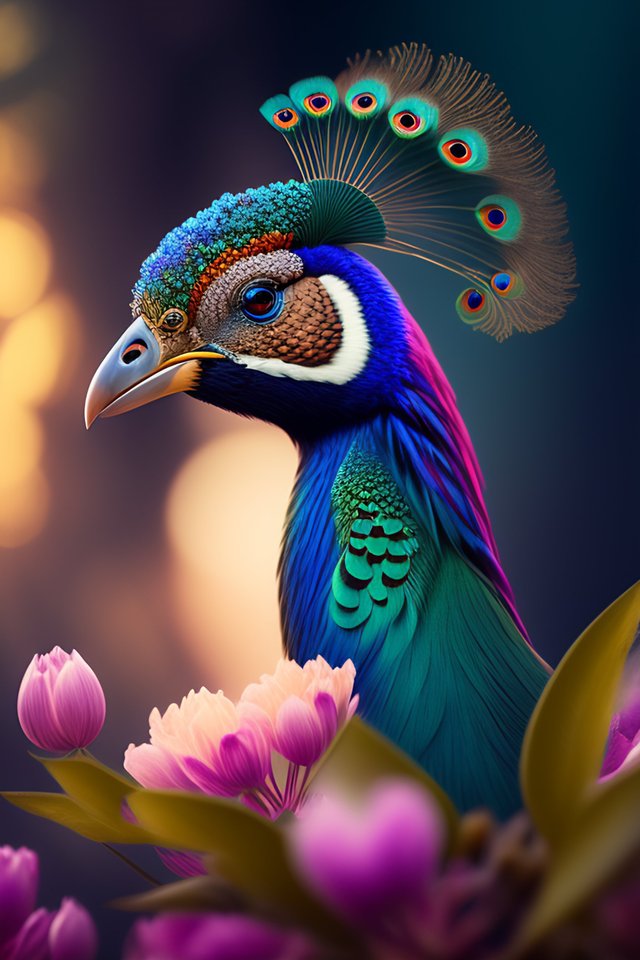 a BEAUTIFUL PEACOCK on a branch with spring flower.jpg