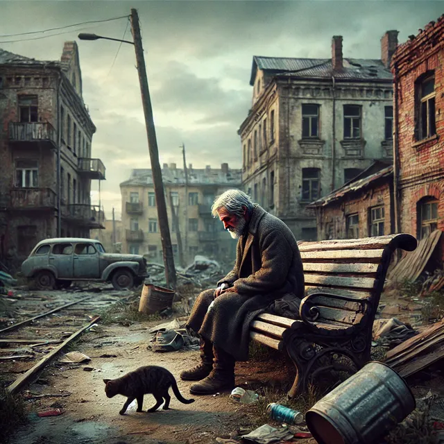 DALL·E 2024-09-28 23.32.28 - A sad scene depicting a poor, elderly man sitting alone on a worn-out bench in a dilapidated urban area. The surroundings are bleak, with old, crumbli.webp