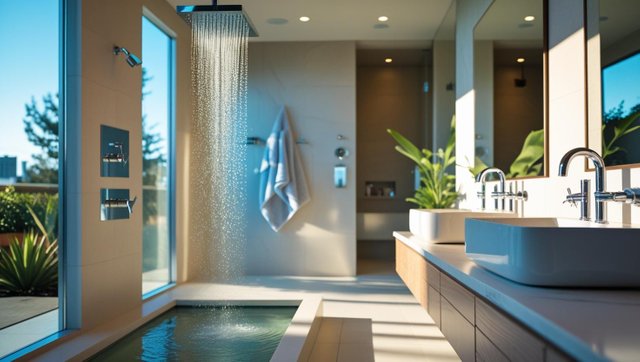 A stylish Bay Area bathroom featuring upgraded plumbing fixtures, including a rainfall showerhead, modern sink, and chrome faucets. Emphasize clean design, bright lighting, and high-quality finishes. Realistic, hig.jpg