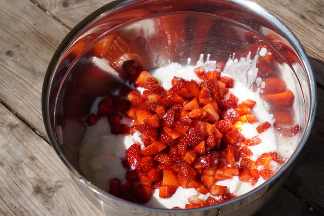 Bowl of stainless steel filled with yoghurt, topped with small cut strawberries.