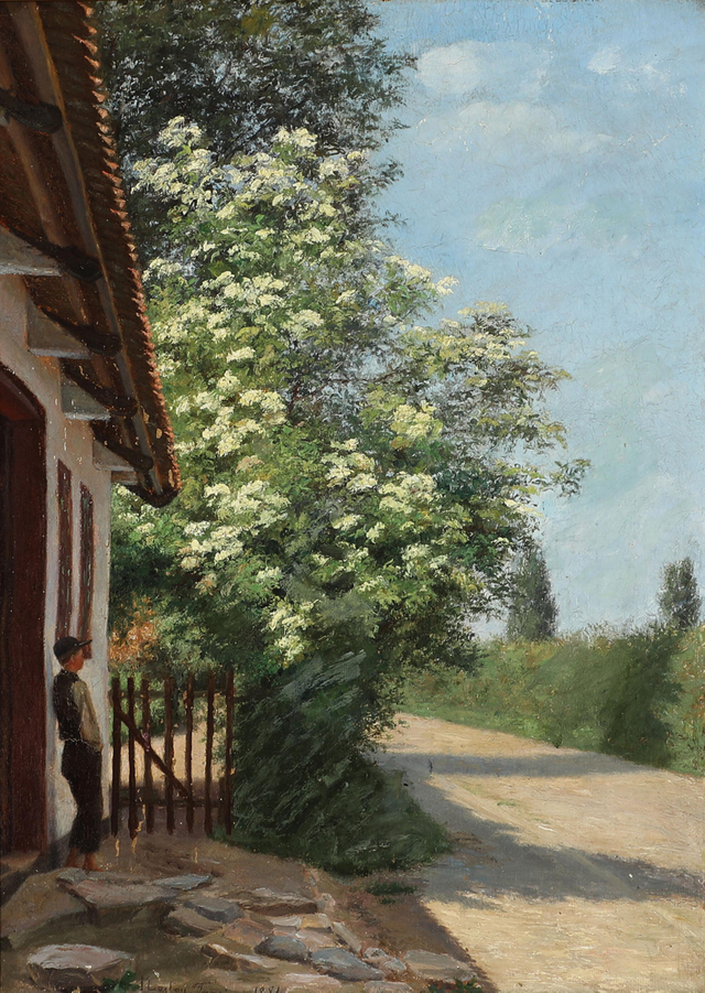 Marie_Luplau,_En_dreng_hviler_i_skyggen_af_et_bondehus,_1886.png